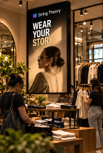 A campaign playing on a display inside an apparel store