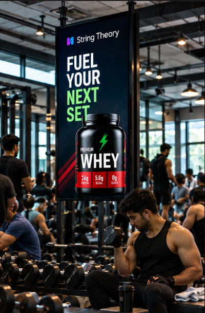 A campaign playing on a display across the training floor of a gym