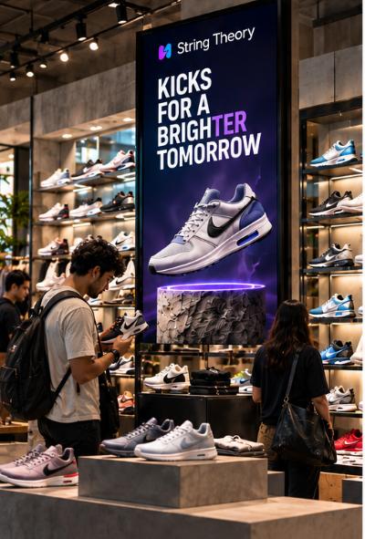 A campaign playing on a display in a footwear store